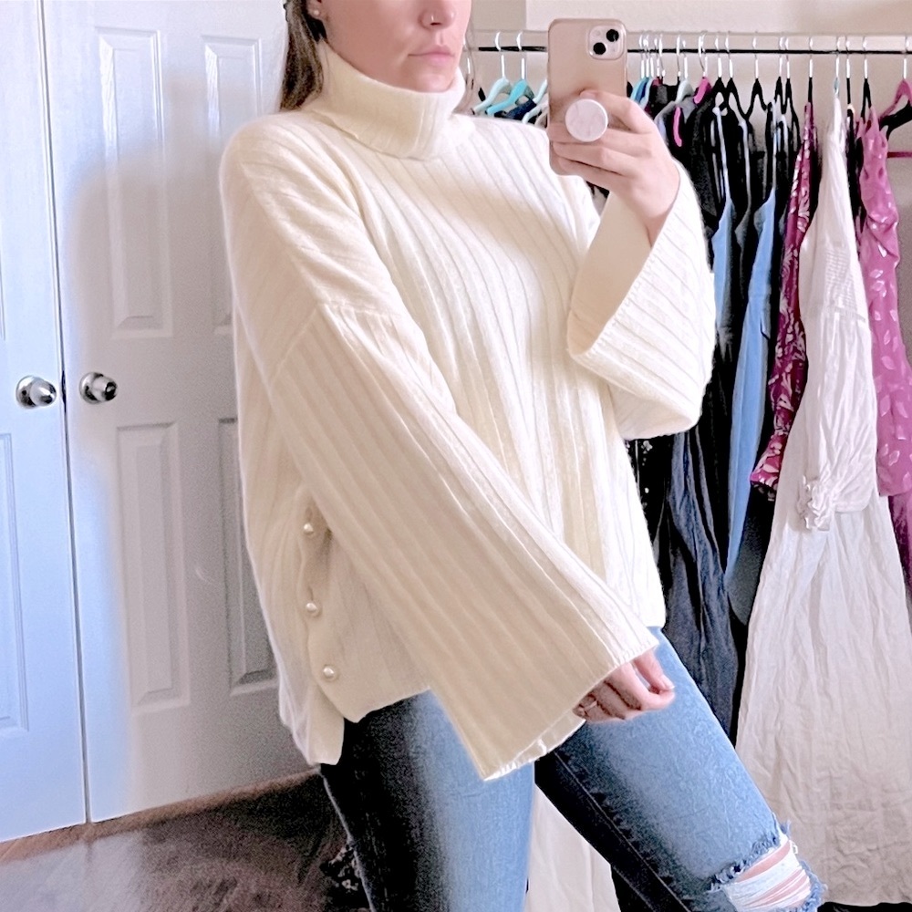 MILLY Ivory 100% Cashmere Oversized Turtleneck Sweater Ribbed Pearl Women Small